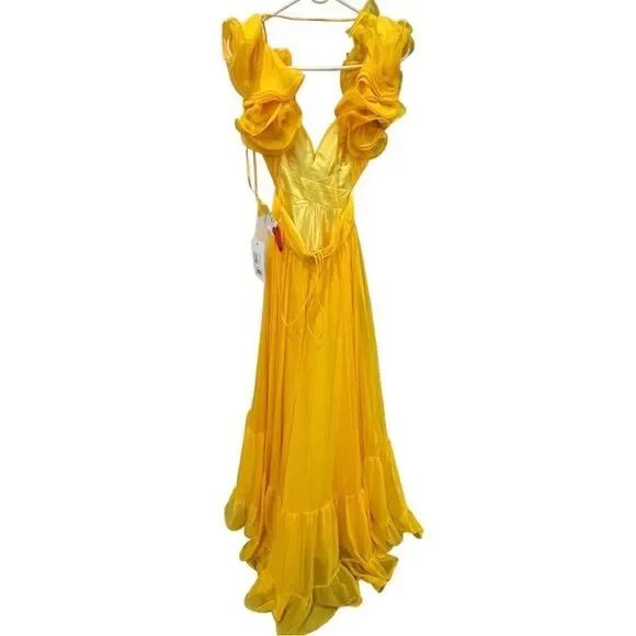 NWT Mac Duggal 67911 Yellow Ruffle Chiffon Cutout Maxi Dress size 0